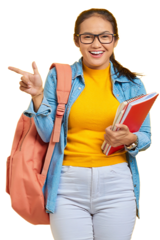 A person wearing glasses, a yellow top, denim jacket, and light pants holds notebooks and points while carrying a peach backpack.