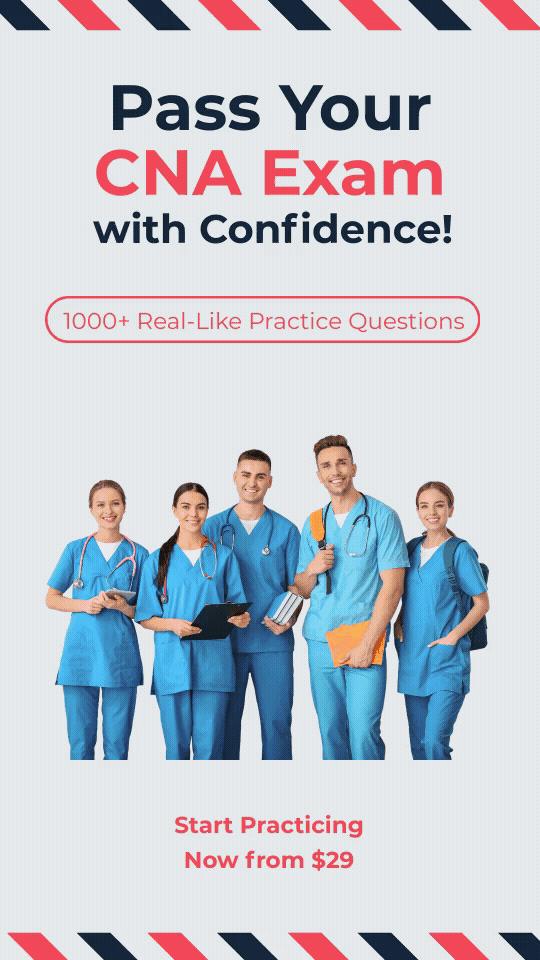Group of five healthcare workers in blue scrubs, smiling, with text promoting CNA exam practice for $29, featuring 1000+ practice questions.