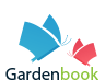 Logo featuring two stylized butterflies, one blue and one red, designed to resemble open books. The text "Gardenbook" appears below, with "Garden" in black and "book" in green.