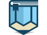 Stylized icon of an open book with a bookmark, depicted in shades of blue and beige.