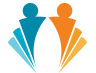 Abstract logo with two stylized human figures, one blue and one orange, facing each other with arms raised, forming a symmetrical design.