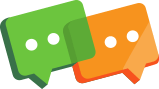 Two overlapping speech bubbles, one green and one orange, each with two white dots in the center, representing a conversation or messaging.