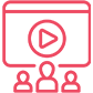 Red icon of three people in front of a screen displaying a play button, representing a group watching a video or webinar.
