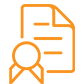 Orange outline icon of a certificate ribbon in front of a document with lines, symbolizing certification or official documentation.