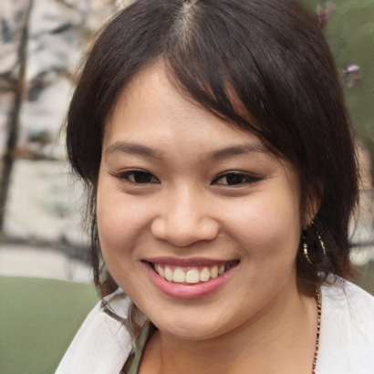 A woman with medium-length dark hair smiles at the camera. She is wearing a white top and hoop earrings, with a blurred outdoor background.